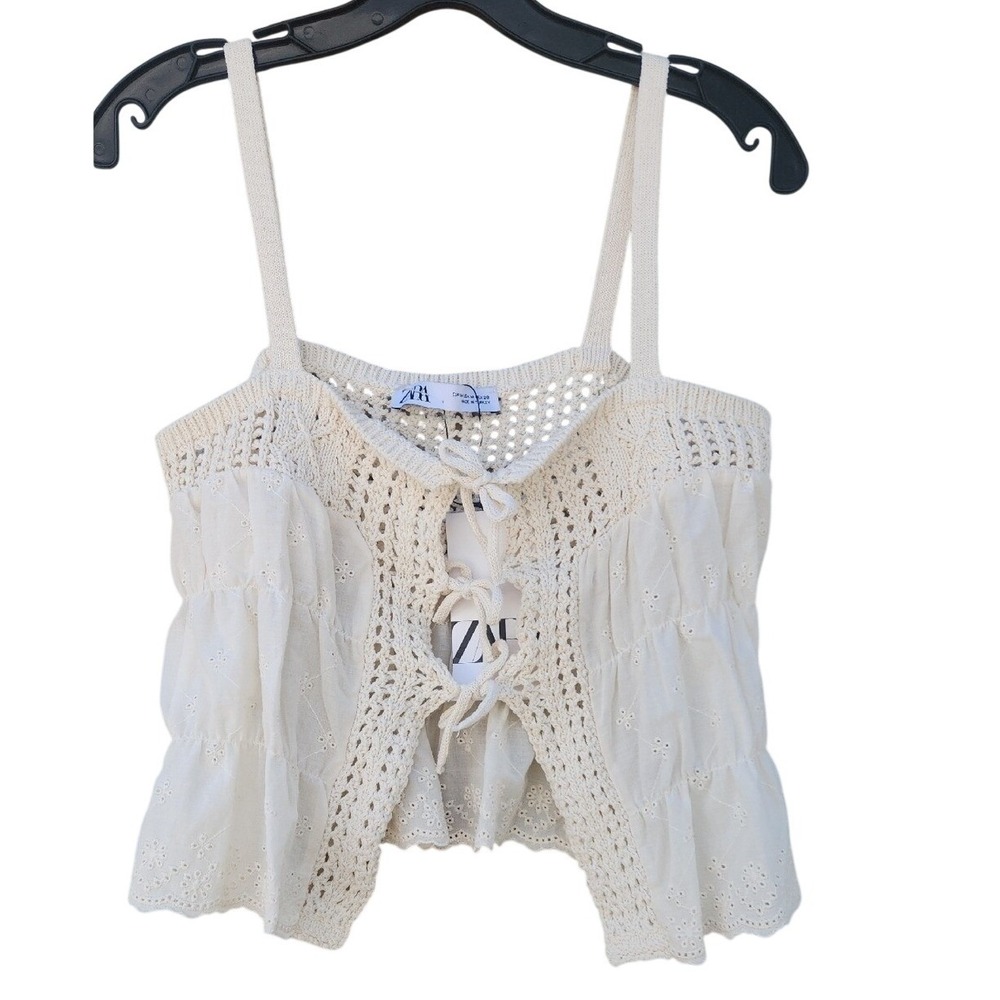 NEW Zara Knit Tie Front Bow Boho Festival Country Tank Cream Airy Coastal Medium